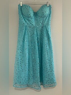 Lulu's Strapless Sequin Fit-and-Flare Dress in Aqua Blue